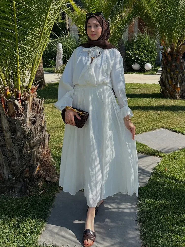 

Elegant Ruffles Long Dress Women Elegant Flare Sleeve Pleated Party Dresses 2025 Summer Loose Vacation Beach Vacation Robes