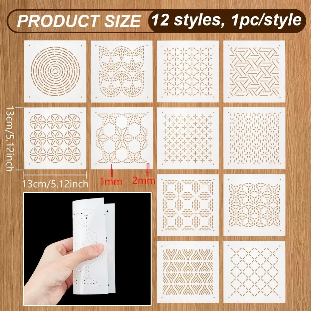 12Pcs Plastic Sashiko Stencil 5x5inch Dense Grid Pattern Embroidery Tool Drawing Line Template for Hand Quilting and Embroidery