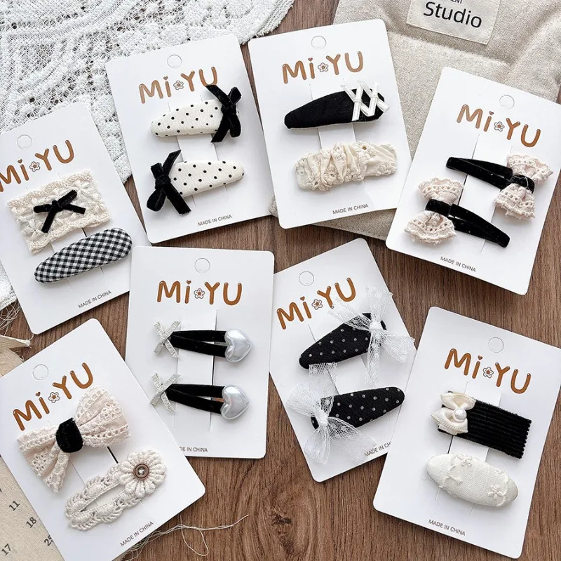 

2pcs/set Hairclips Autumn Winter Black Bowknot Pearl Lace Sweet Children's BB Clip Baby Hairclip Bangs Hair Clips Accessorries