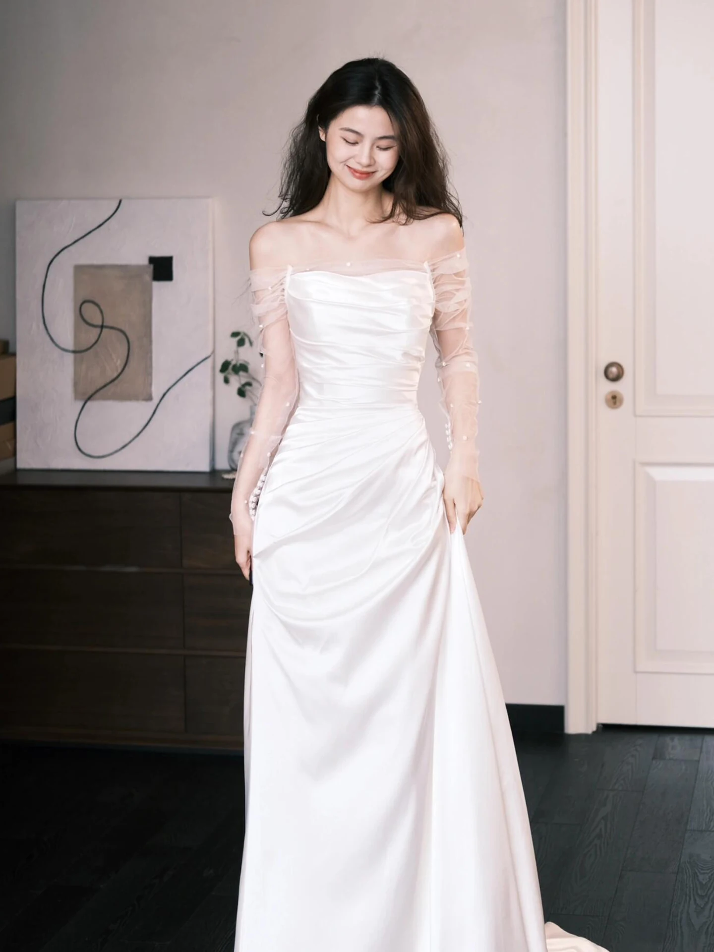 

Ele Long Sve Satin Wedding Dr One oulder out Door Gown Bridal Dr Simple High End Feelings for Wedding Ceremony