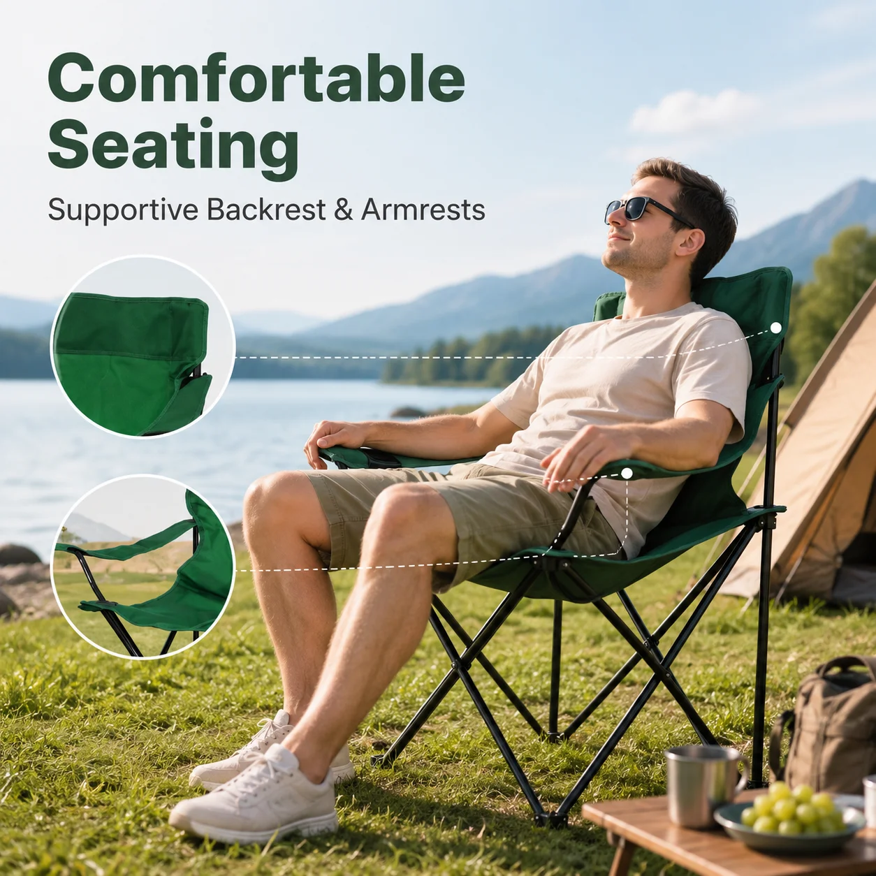 Chaise de camping pliable d'extérieur avec porte-gobelet latéral et sac de rangement, siège portable robuste pour la plage, le pique-nique, la pêche, le jardin, la pelouse, avec accoudoirs