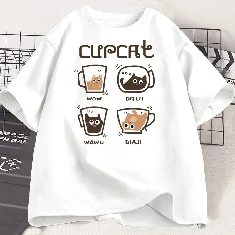 Funny Cat Coffee T-shirt Casual Short Sleeve Women Fashion T Shirt Printed Comfortable Round Neck Short Sleeve T-shirt Top