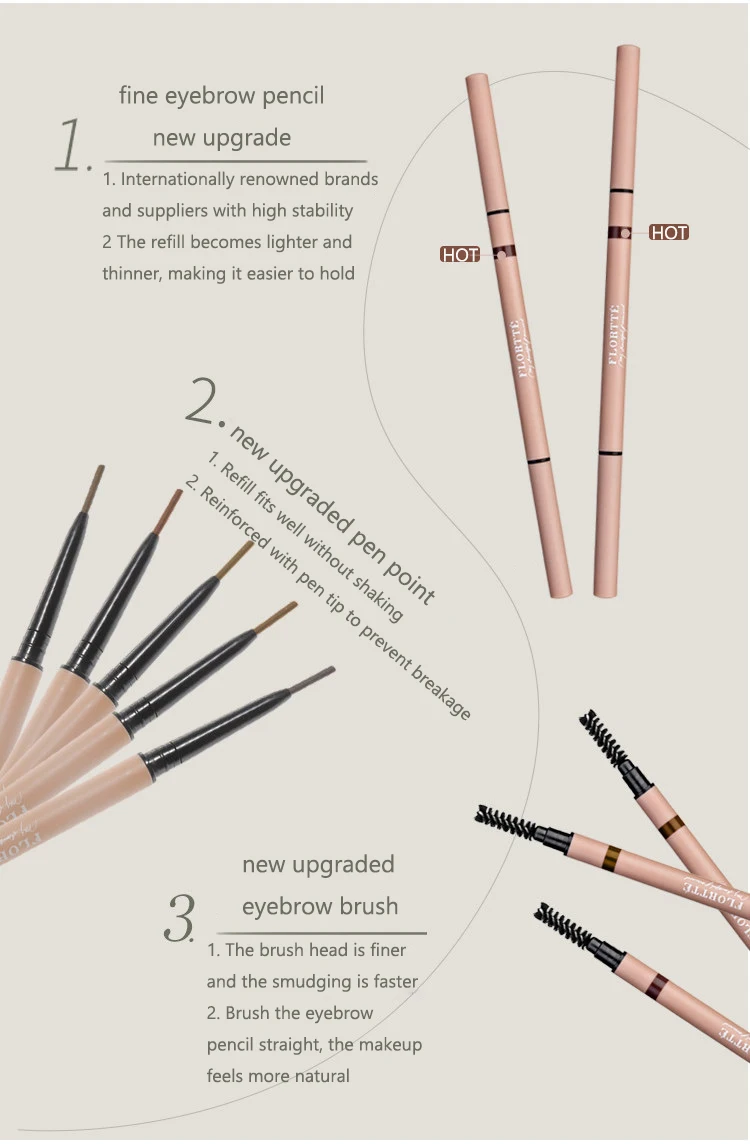 Flortte Superfine Eyebrow Pencil Double-head Waterproof And Smudge-proof Long-lasting Eyebrow Pen Makeup Easy to Color Cosmetics