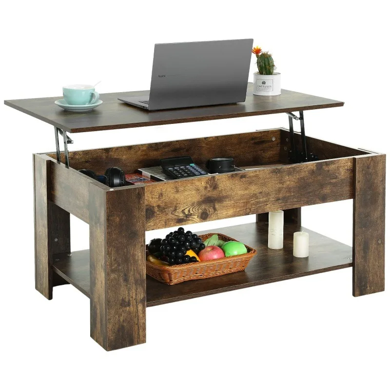 

Lifting coffee table with hidden compartment storage rack, wooden lifting table top, suitable for living room and home