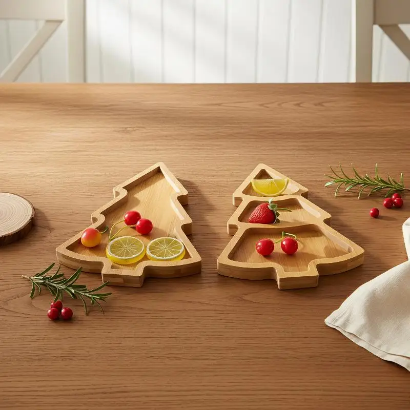 Christmas Tree Shaped Living Room Candy Snacks Nuts Seeds Dried Fruits Wooden Plate Dishes Bowl Breakfast Plates Tray Tableware