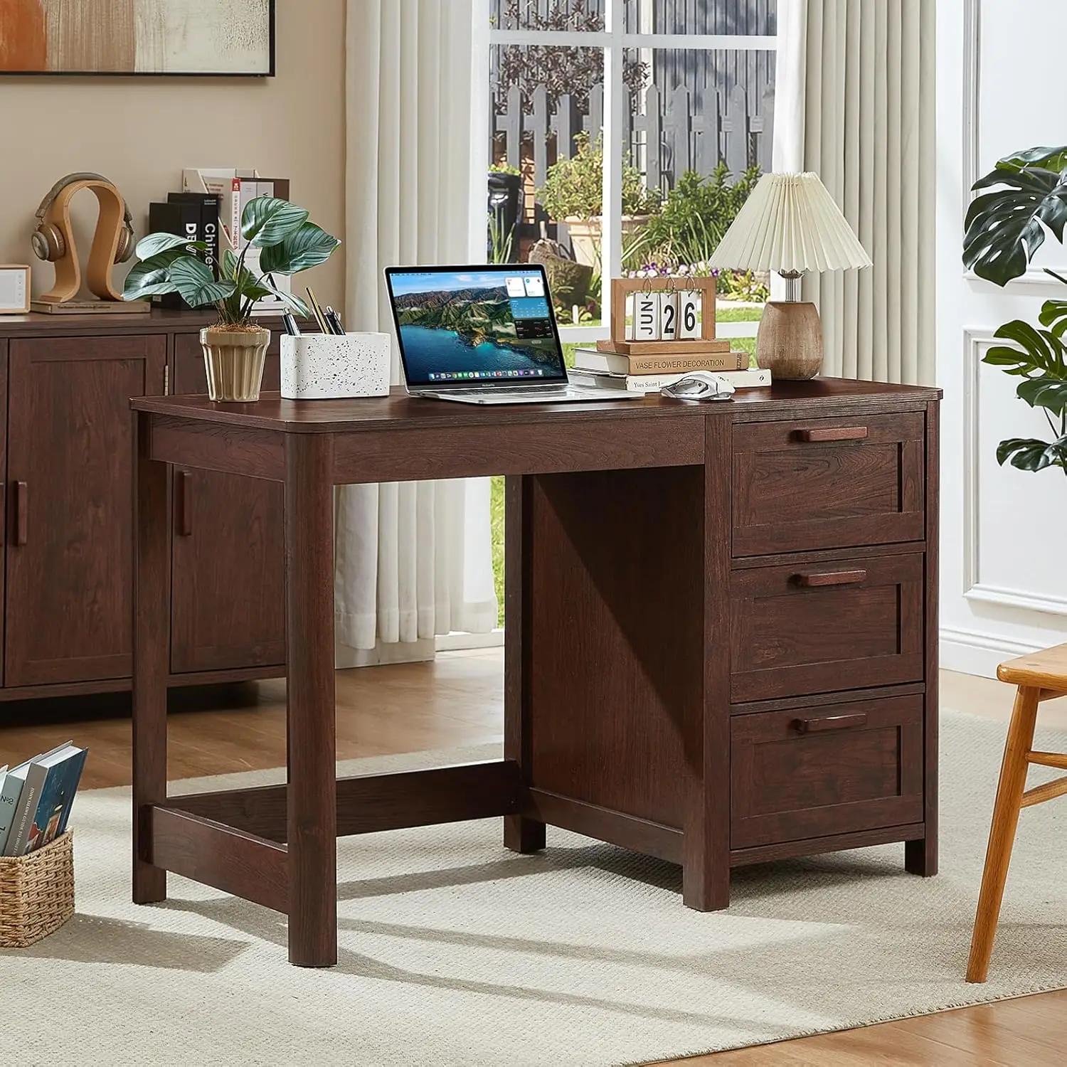 

Desk 48" with 3 Drawers Storage File Cabinet Wood Farmhouse Work Study Desks for Computer Office Bedroom Home Walnut, Custom
