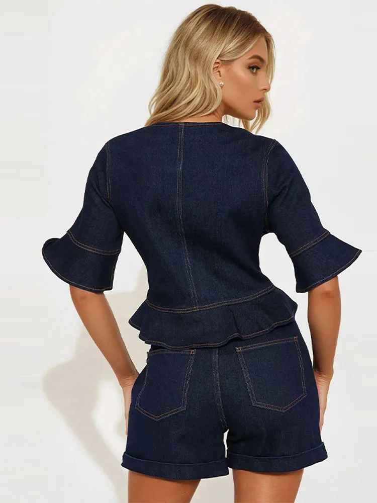 

Women's Fashion Vintage Denim Top Short Sets Lace Up Low Neck Jean Coat Casual Commuter Denim Mini Pants 2025 Lady Summer Outfit