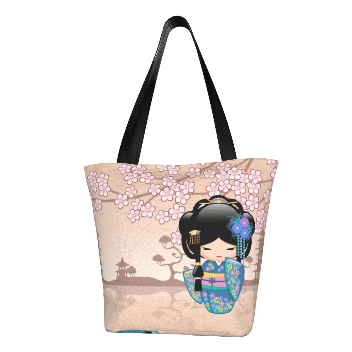 Custom Japanese Keiko Kokeshi Doll Shopping Bag Women Canvas Shoulder Tote Bag Durable Sakura Blossom Grocery Shopper Bags