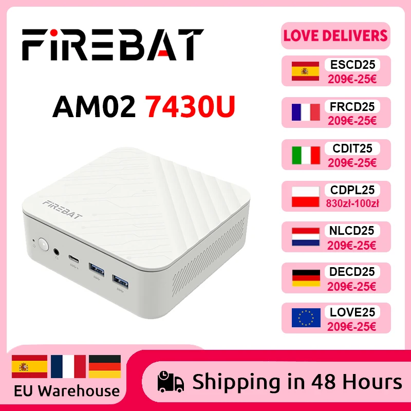 FIREBAT AM02 MINI-PC AMD Ryzen 5 7430U Windows 11 Mini-PC 16 GB DDR4 3200 MHz 512 GB SSD WLAN 6 BT5.2 HDMI 2.1 Desktop-Computer