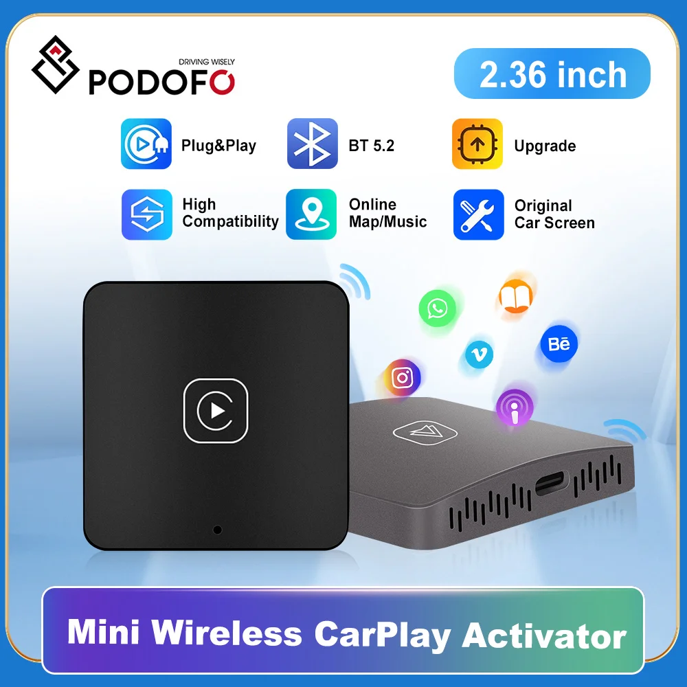 Podofo Wired to Wireless Carplay Ai Box for Toyota Mazda Nissan Camry Suzuki Subaru Citroen Audi Mercedes Kia Ford Opel