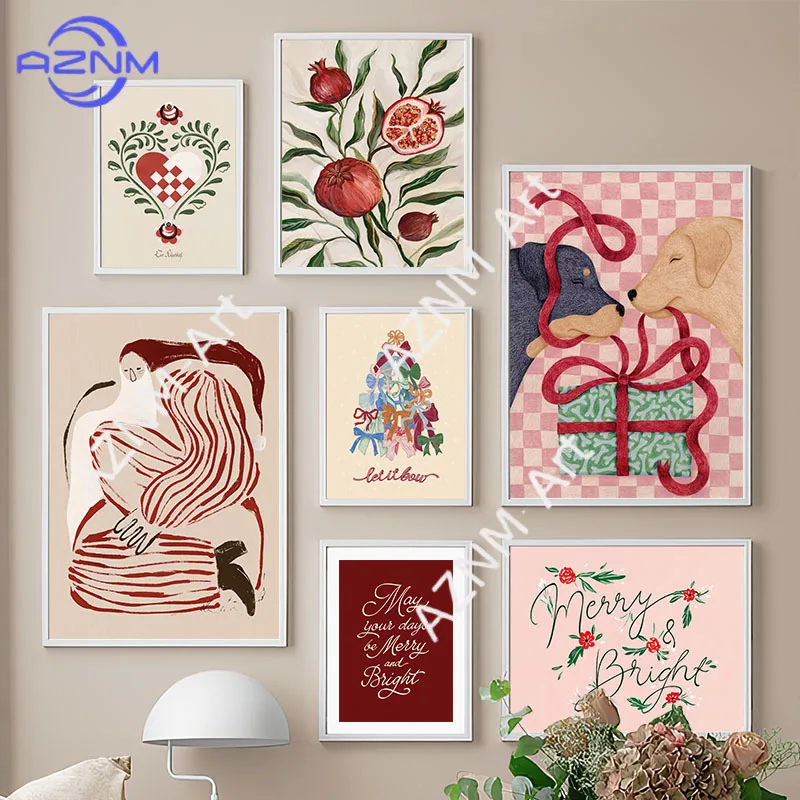 Weihnachtsmann, Weihnachtsbaum, Geschenk, Hund Poster & Drucke Leinwanddruck Wandkunst Bilder für Feiertage Wohnzimmer Heimdekoration