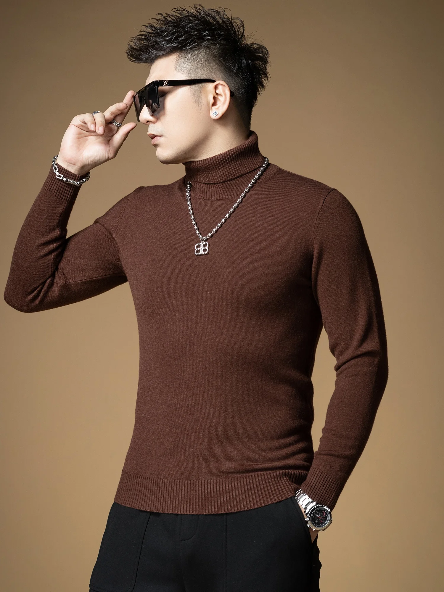 

Однотонный мужской свитер с высоким воротом, осенне-зимняя вязаная рубашка, нижняя рубашка из кашемира, модный брендовый приталенный крой