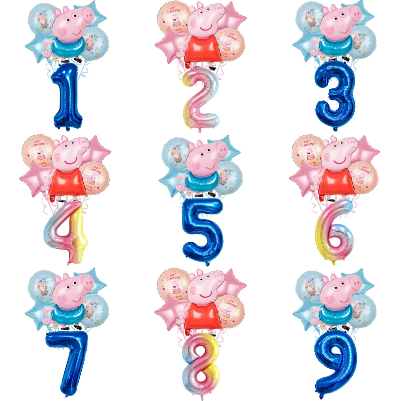 6Pcs Set Peppa Pig Birthday Decorative Ballons Cartoon Aluminum Foil Balloon Number Age Balloons Set Party Decoration Props Gift