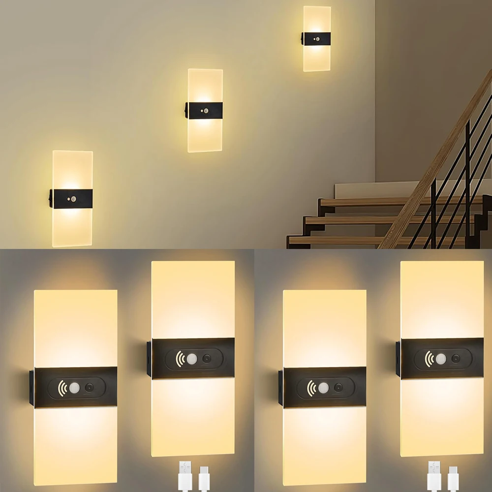 2X LED-Wandleuchte mit PIR-Bewegungssensor, Nacht-Wandlampe, Schlafzimmer-Nachttischlampe, Wohnzimmer, Balkon, Gang, Korridor, Dekorationsbeleuchtung