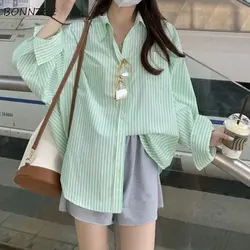 Green Striped Shirts Women Loose Harajuku Spring Sunscreen Casual BF Fashion Office Lady All-match Streetwear Chic Vintage Ins