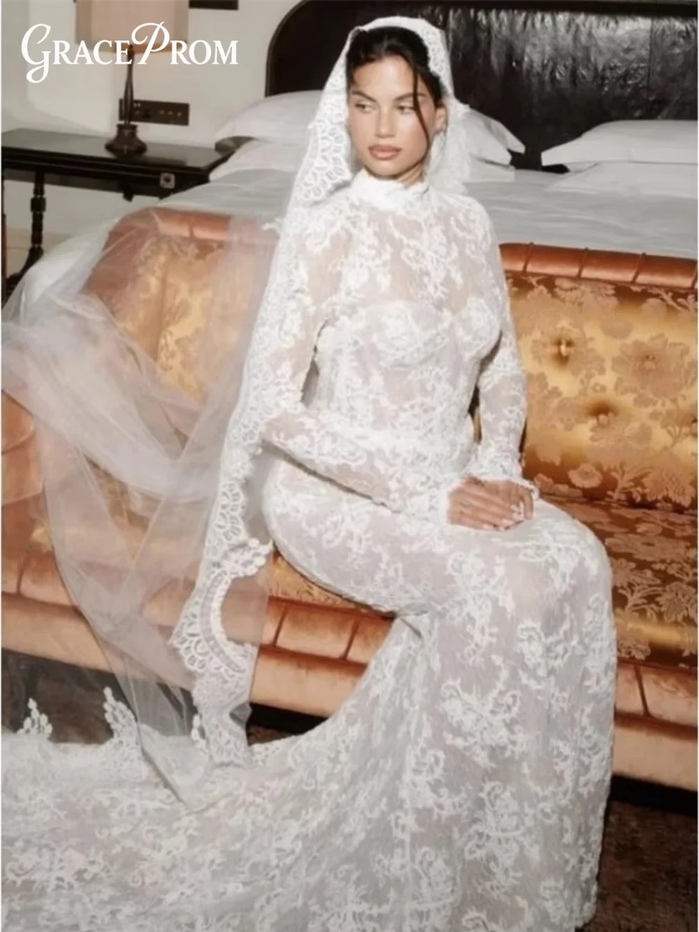 

Graceful White High Neck Wedding Dress Full Lace Long Sleeve Bridal Gown For Bride Customized Cathedral Train Vestido De Novia