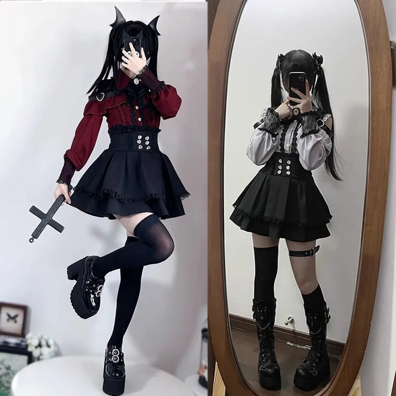 Jirai kei Outfit Lolita Girls Blouse Top Women Long Sleeve Shirt Kawii Bow Black Skirts Shirts Y2K Sweet Japanese Lady Style Set