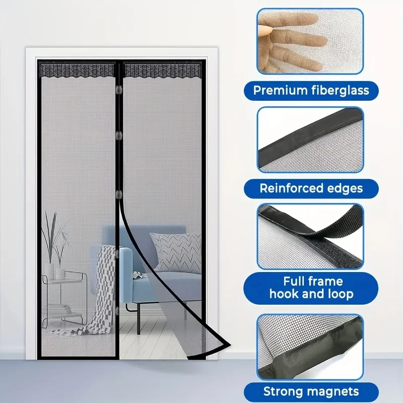 Black Lace Mosquito Proof Magnetic Door Curtain - Easy Install Soft Mesh for Indoor Outdoor Living Room Bedroom Kitchen Patio
