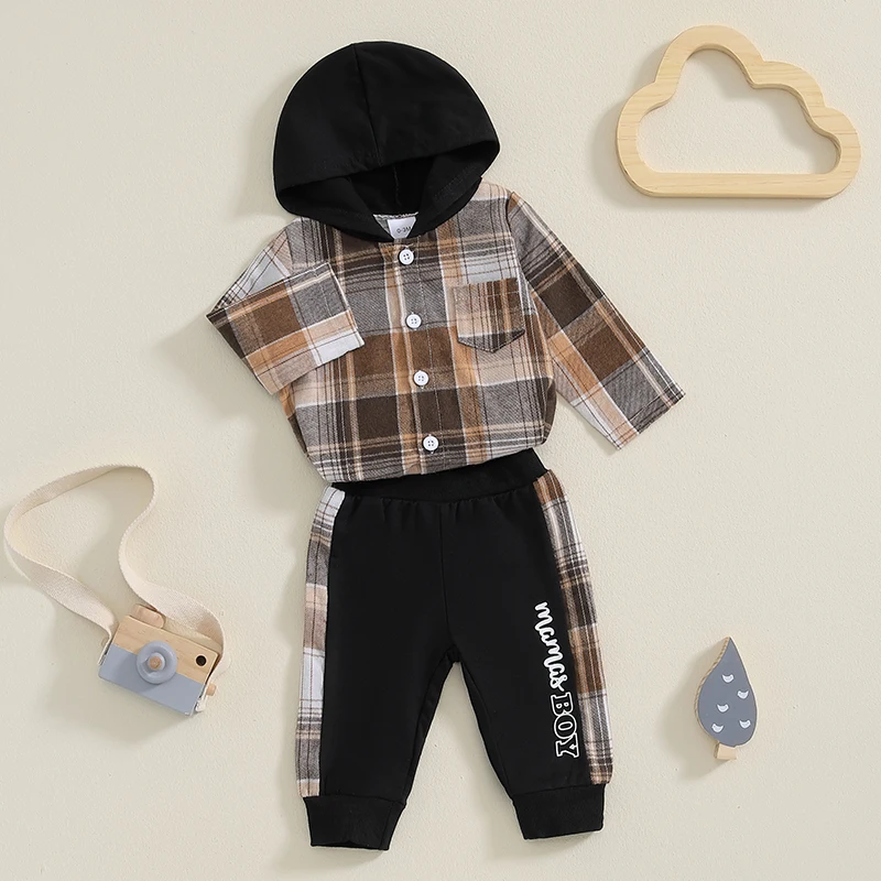 Baby Clothing Boy Plaid Button Long Sleeve Hoodie Romper Mama Boy Pants Infant Fall Winter Outfits Newborn Clothes