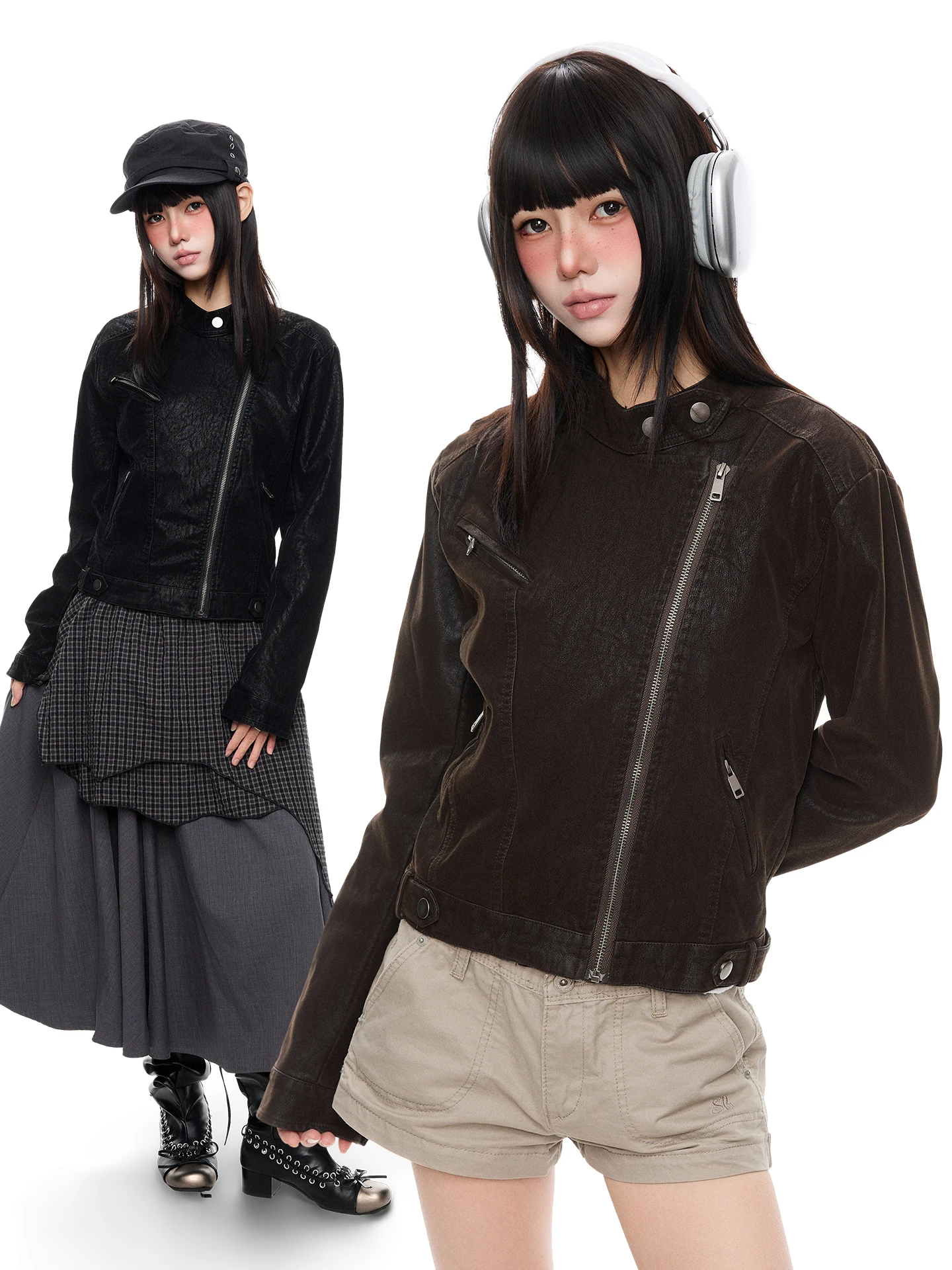 K787 Texture PU American Retro Diagonal Zipper Short Jacket Women's Motorcycle Style Leather Coat Trendy Brand Stand Collar J...