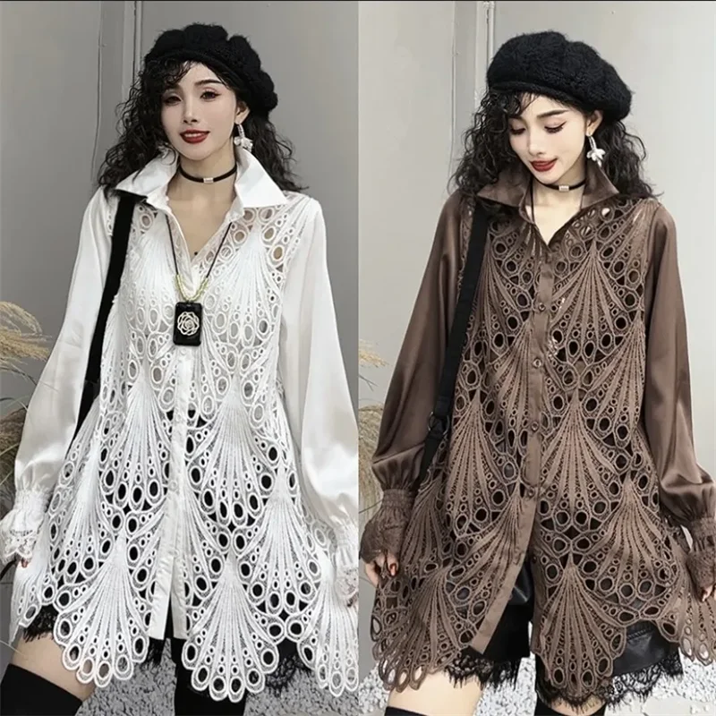 Spring Autumn Mid-Long Shirt Coat Women 2024 New Fashion Loose Leisure Tops Sunscreen Clothing Hollow Out Outerwear Female