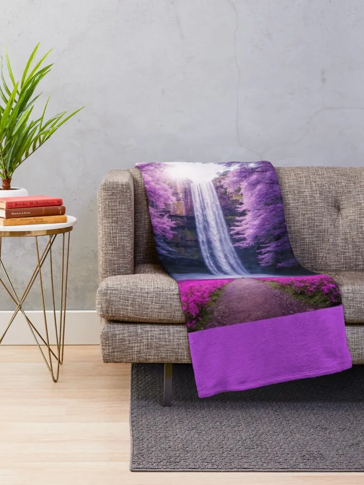 Majestic Waterfall Between Purple Forest and Pink Flowers Throw Blanket Hair Plaid on the sofa Sofa Luxury Brand Blankets