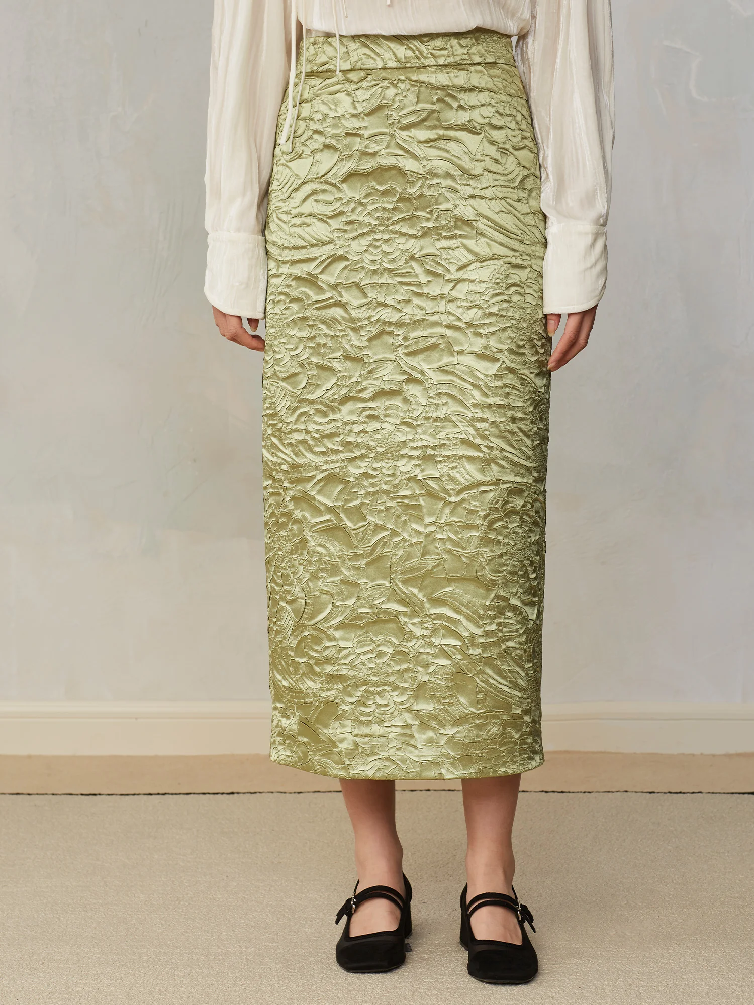 

Золотистая плиссированная юбка с цветочным узором, оригинальная новая китайская модель, прямая юбка-труба с высокой талией для женщин, полиэстер.