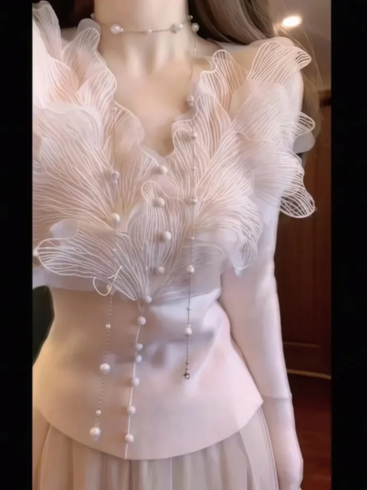 

Ele Early Spring Faion Set Women Super Fairy Heavy Work Petal V-ne Knitted High Waist Slimming f Skirt