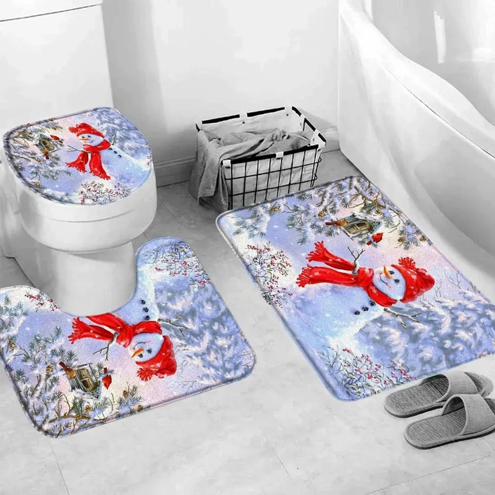 Christmas Bathroom Floor Mat Set Winter Snow Snowman Vintage Farmhouse Rustic Christmas Theme Bathtub Toilet Decoration