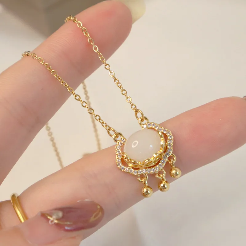 

Fashion Opal Golden Chain Necklace Chinese Style Lucky Lock Pendant For Women Charm Jewelry Gift 2024