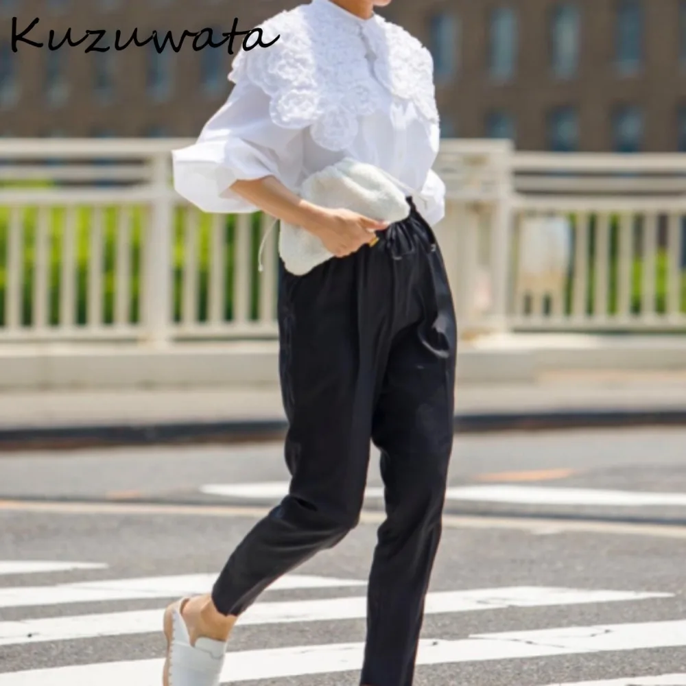 Kuzuwata Sweet Long Sleeve Peter Pan Collar Blouses Slim Fit All-match Loose Literaty Blusas Japan New Straight Patchwork Shirt