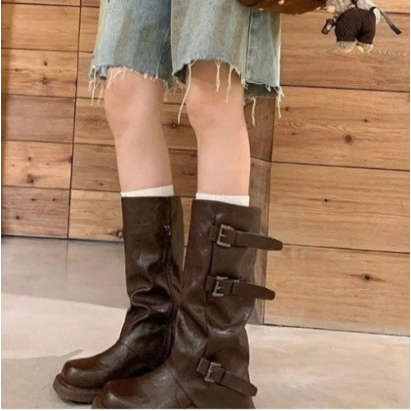 

Women's Western Style Thick Bottom Boot Pants Tube Boots Belt Buckle Mid-Calf Folded Western Boots for Autumn Season