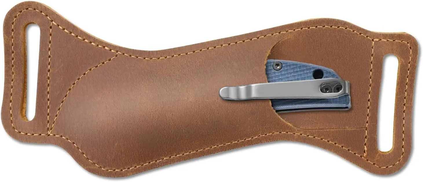 Leder-Messerscheide für Gürtel mit Clip, horizontale Klappmesserhülle, braune Leder-Taschenmesserhalterung für die Jagd im Freien – Detail 1
