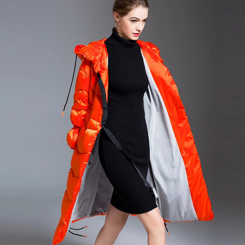 Hochwertige Luxus-Design-lange Daunenjacke mit Gürtel für Damen, Winter, warm, mit Kapuze, Trenchcoat, winddicht, Schneejacke, schmaler Daunenmantel