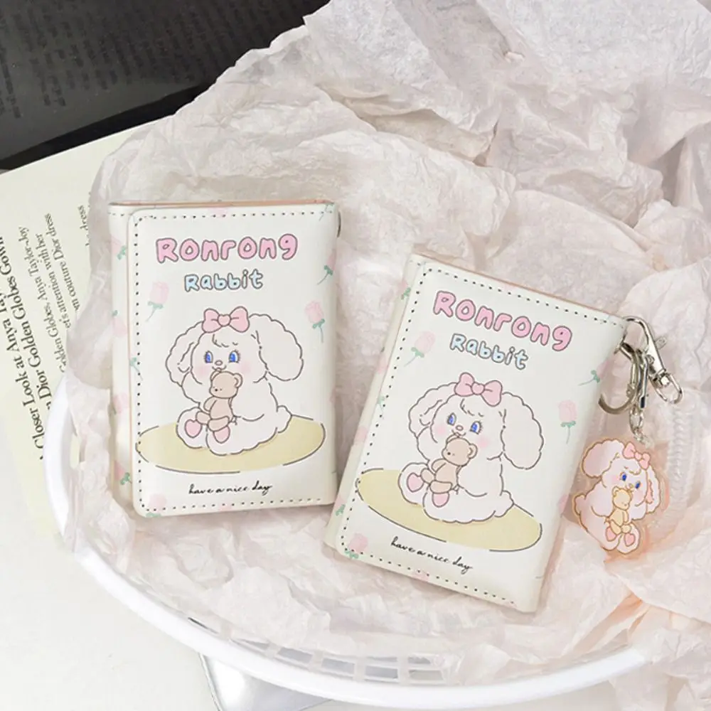

Cute Tulip Bunny Short Wallets Anti Thief With Wrist Straps Coin Purse Bunny Pendant PU Leather Card Holders Woman