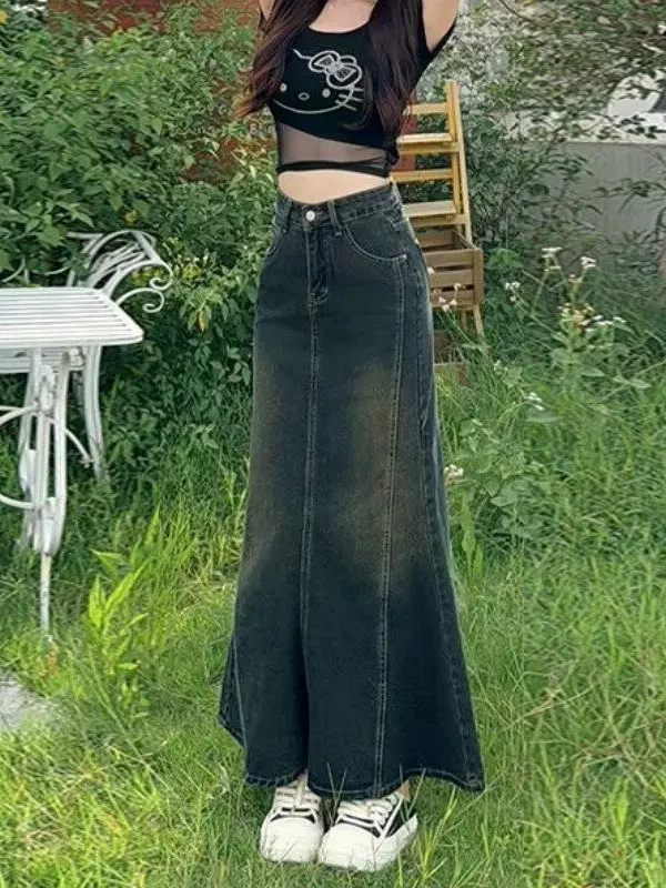 Dżinsowa spódnica z wysokim stanem damska, spódnica w kształcie litery A z efektem rybki, wyszczuplająca spódnica kopertowa, bawełniana, codzienna, do pracy.