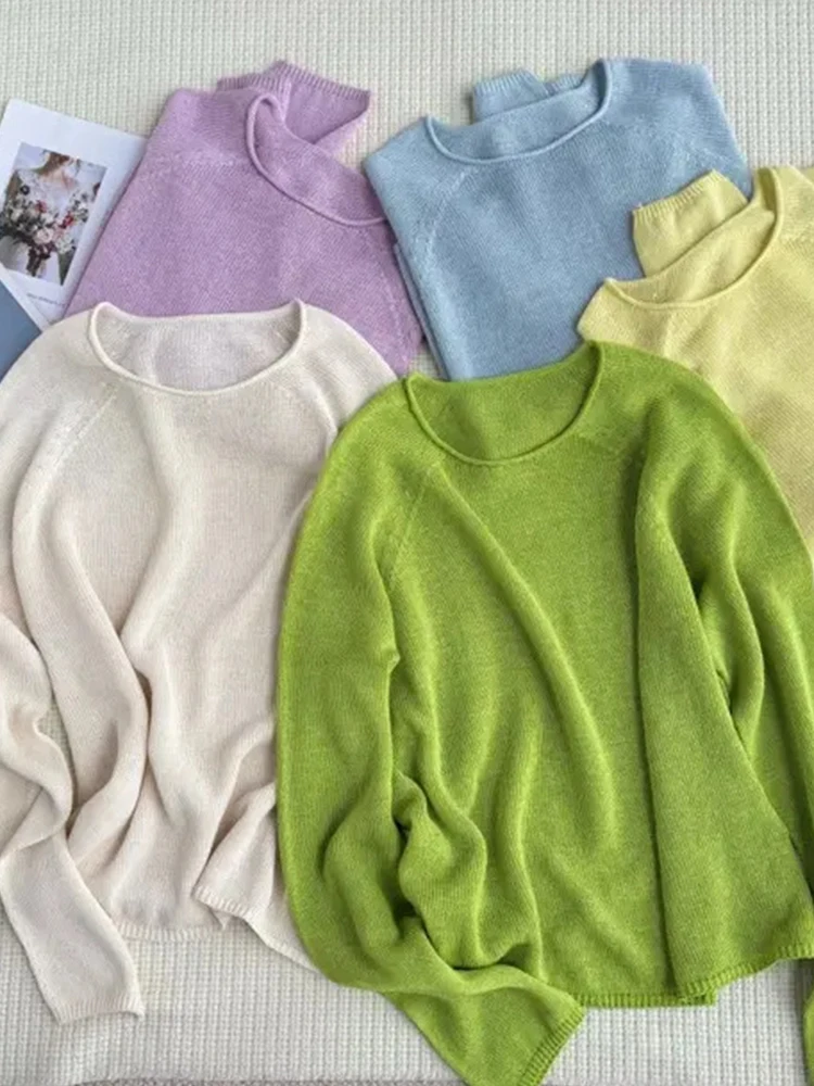 Cienki, długi sweter damski z dzianiny, luźny krój, ochrona przed słońcem, modny top, styl koreański, jednolity kolor, do pracy, trendy.