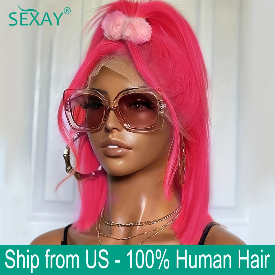 

13x4 Hot Pink Lace Frontal Wig Blunt Cut 100% Straight Human Hair Wigs With Small Knots 8-14 Inch Pink Short Bob Wig Pre Plucked