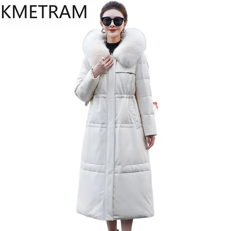 KMETRAM 100% abrigo de piel de oveja de plumas de ganso con capucha chaqueta acolchada larga de cuero Real para mujer con cuello de piel de zorro ropa de invierno 2025