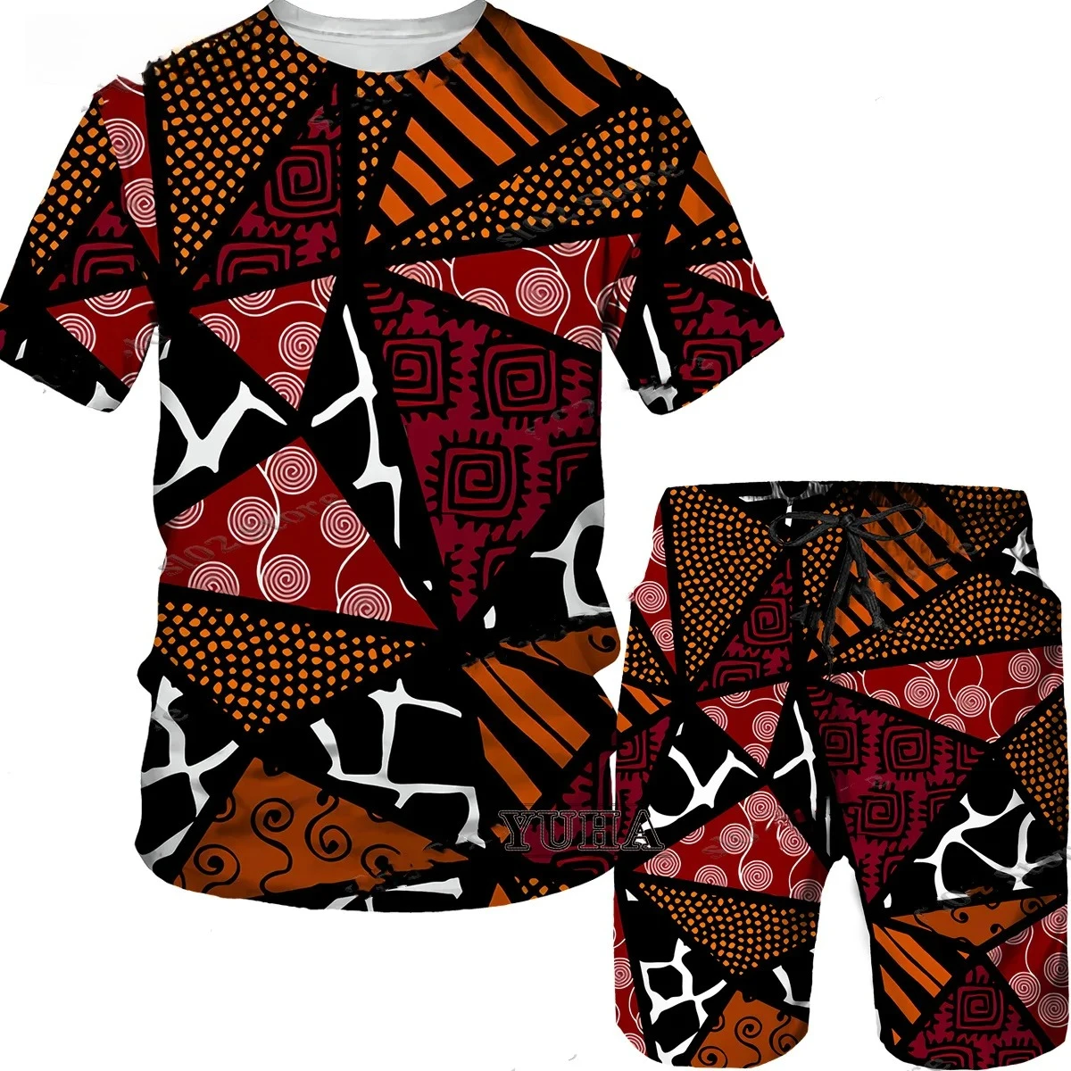 2025 Men's T-shirt and Shorts Set, 2-piece Summer 3D Printed African Folk Pattern, Hip-hop Style Short-sleeved Round Neck