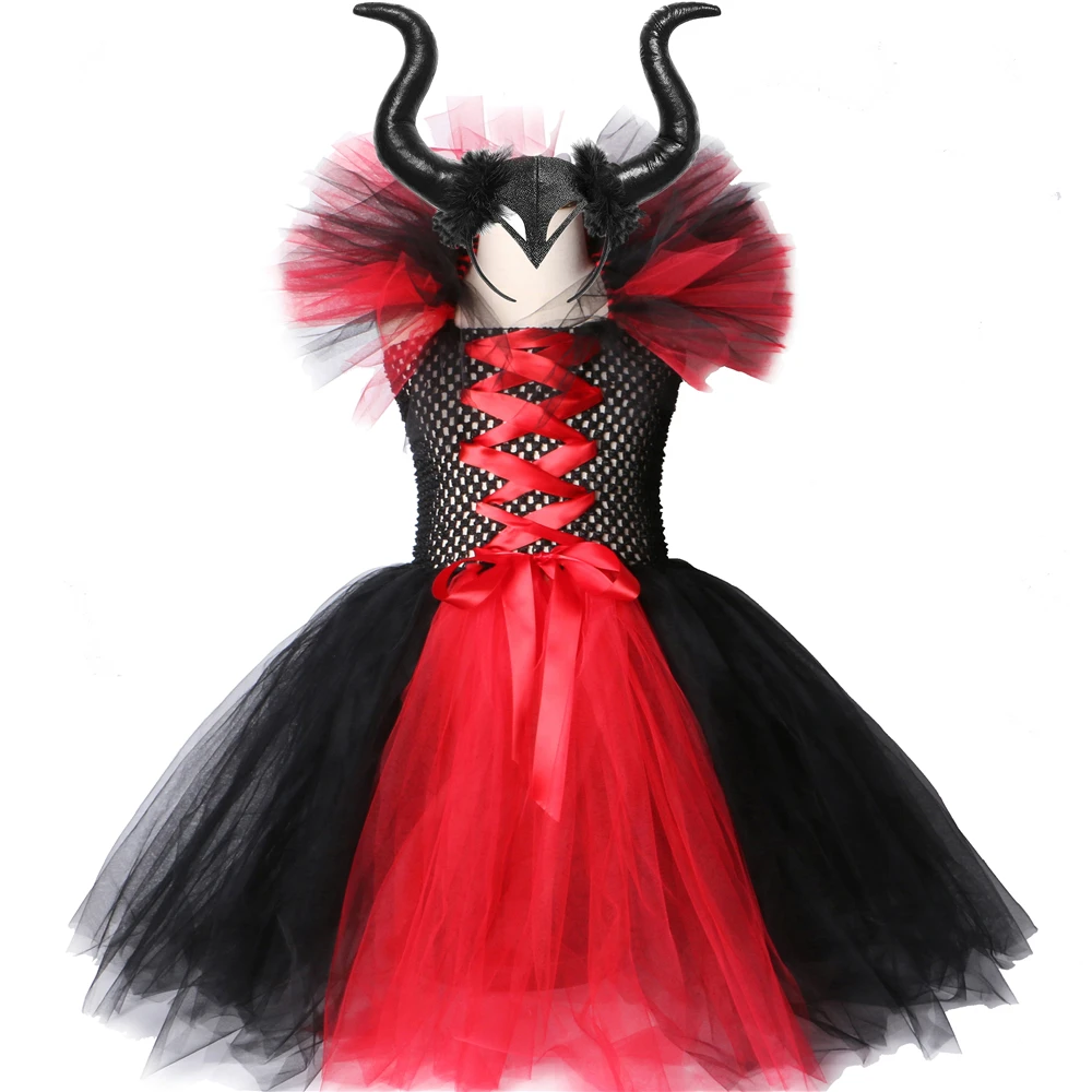 แม่มดแวมไพร์เครื่องแต่งกายวันฮาโลวีนสำหรับเด็ก Carnival Party เสื้อผ้าสีแดงสีดำ Evil Queen Monster เครื่องแต่งกายสำหรับชุดแฟนซี Tutu ชุด