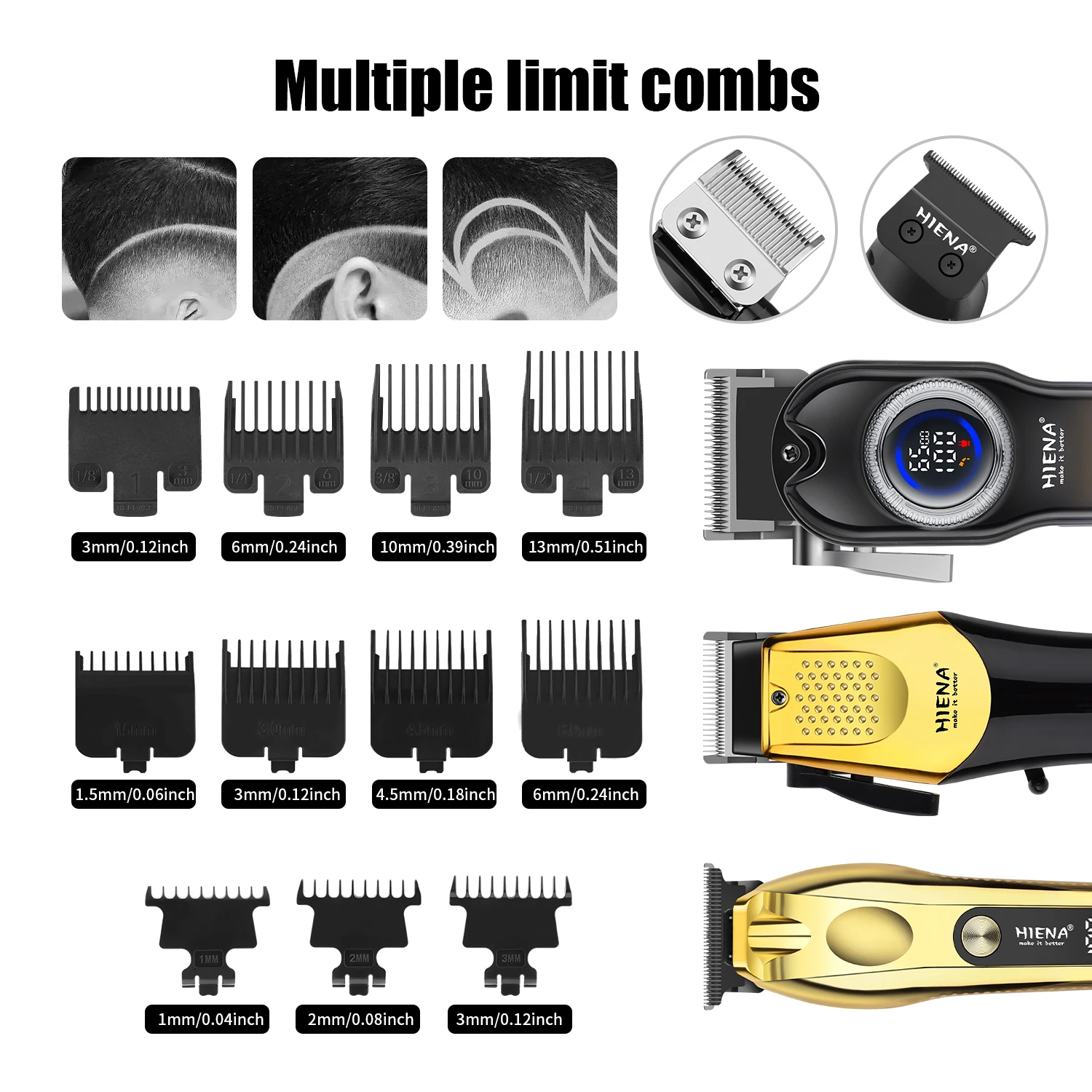 HIENA 4PCS Hair Clipper Set Cordless Barber Trimmer with LCD Display & Guards for Men