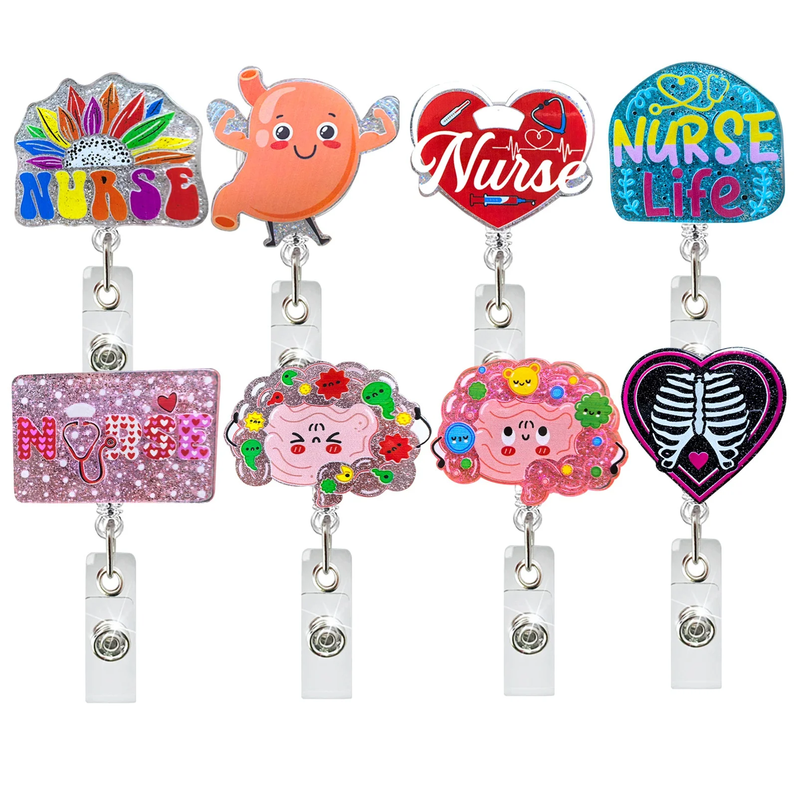 Acrylic Glitter Stomach Heart Ribs Brain Retractable Badge Reel Rotatable Crocodile Clip ID Badge Holder for Doctor Nurse