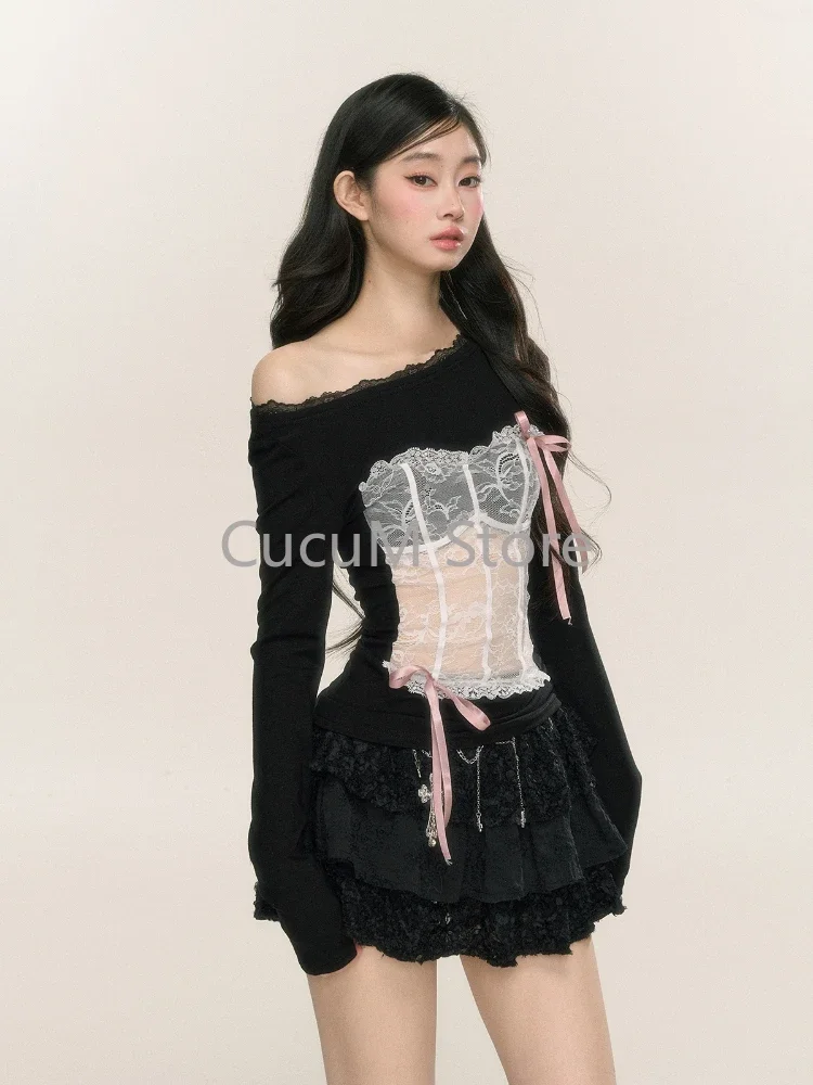 Autumn Coquette Y2k Sexy Lace Crop T Shirt Women 2024 Fashion Korean Kpop Streetwear Patchwork Tees Black Long Sleeve Tops