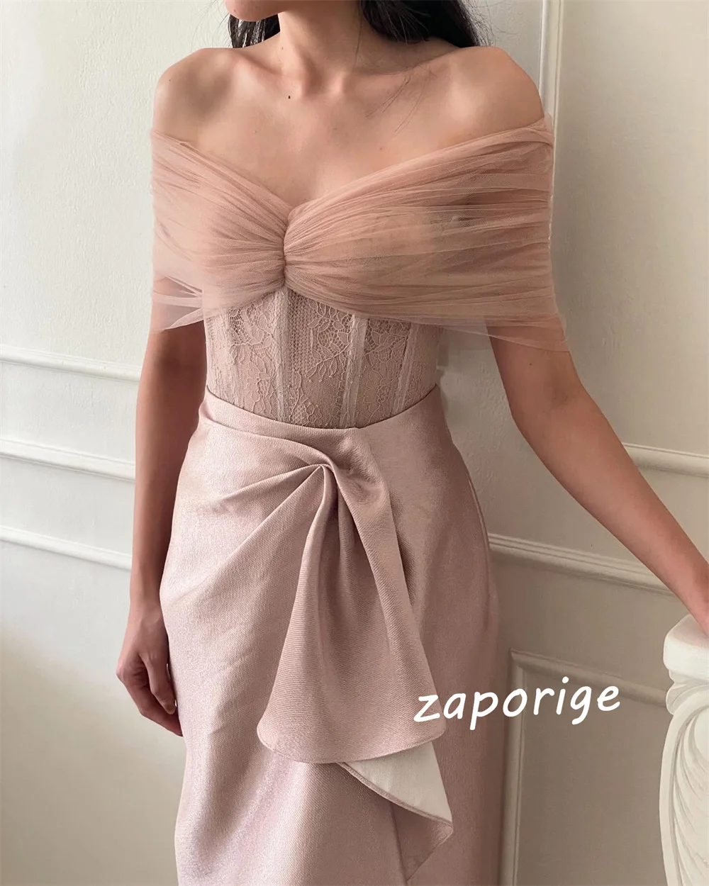 Customized Charmeuse Bow Pleat Straight Off-the-shoulder Midi Dresses Bespoke Occasion Party Exquisite