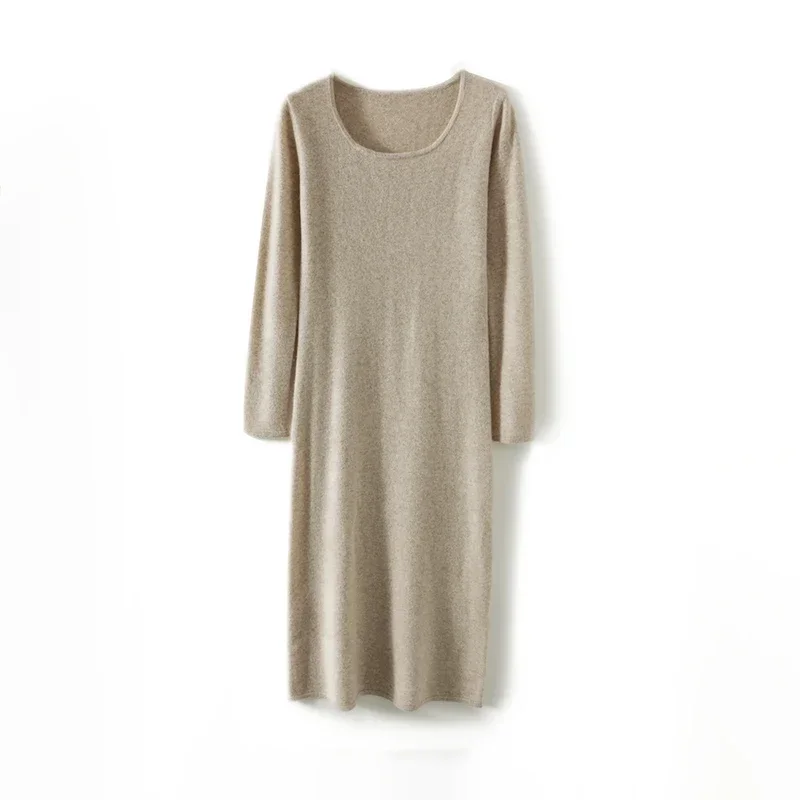 

Women's Knitted U-Neck Long Style Dresses, 100% Wool, Female Jumpers, Winter and Autumn Clothing