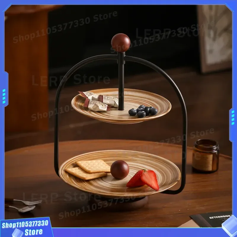 Japanese Style Ceramic Double Layer Snack Plate Retro Handmade Dried Fruit Tray Silent Wind Design Candy Dish for Home