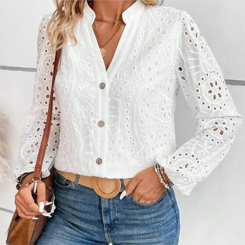 2024 Spring/Summer Fashion Casual Shirt Women\'s White Splicing Hollow Embroidery Loose Stand up Collar Long Sleeve Shirt Women\'s