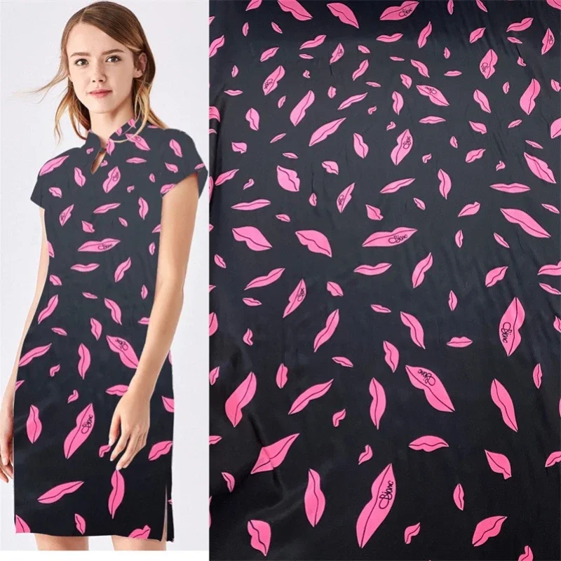 

Double Crepe Mulberry Silk Fabric with Black Bottom Bow Pattern Dress Shirt Apparel DIY Fashion Sewing Wholesale Material Cloth