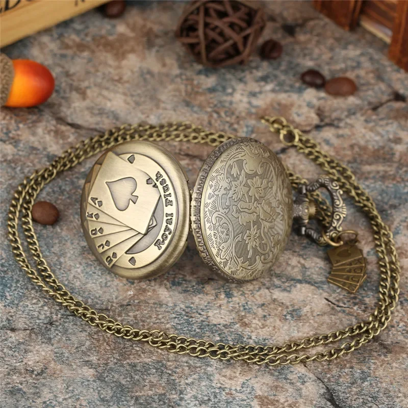 Bronze Engraved Poker Card Design Antique Quartz Pocket Watch for Men Women Arabic Numeral Display Clock with Sweater Chain